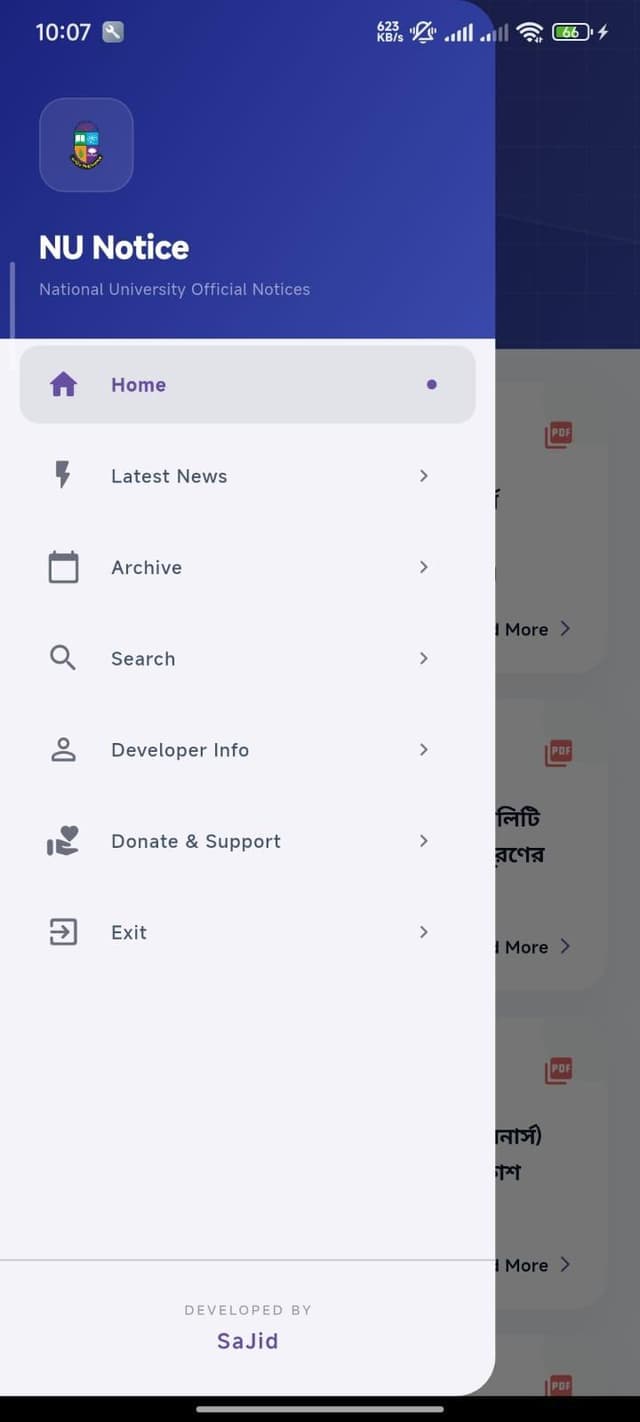 NU Notice app — Navigation & Menu