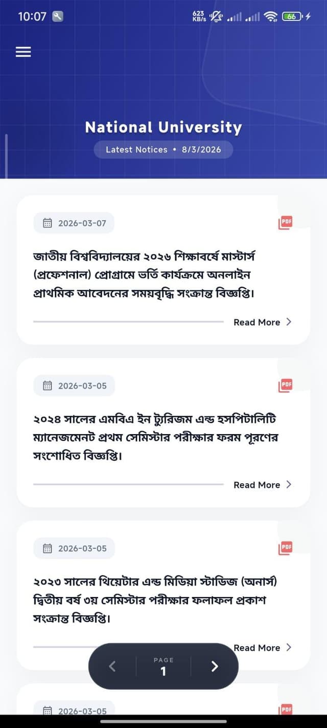 NU Notice app showing latest National University notices